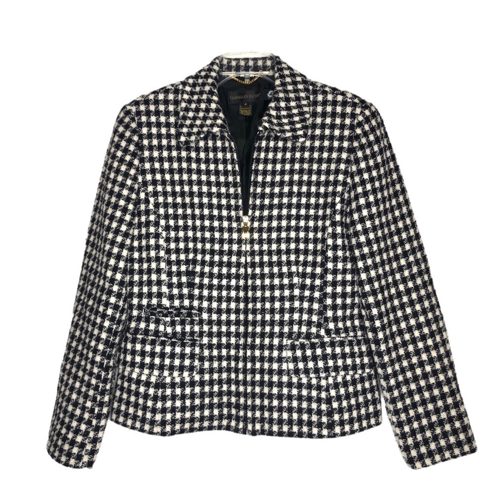 Classiques ENTIER 100% Wool Black & White Houndstooth Zipper Front Blazer Size 8